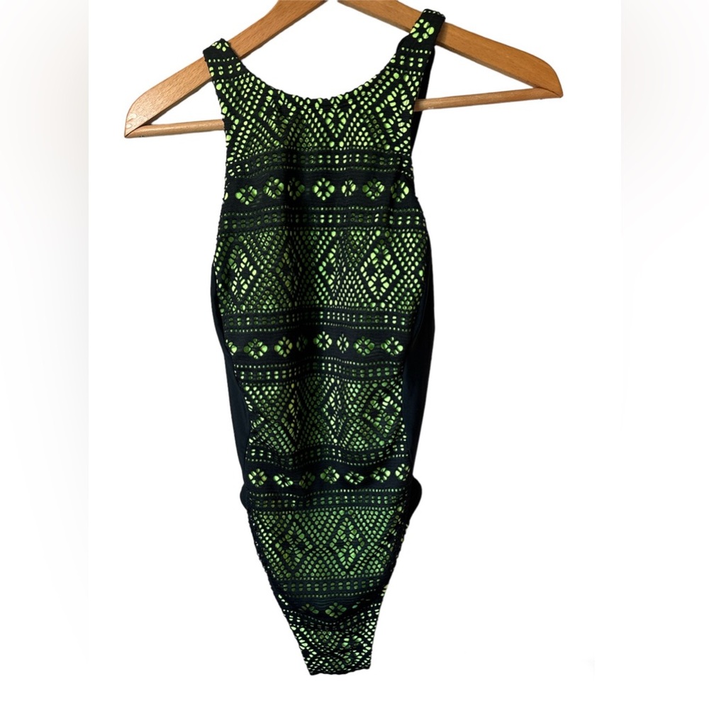 NWT Splashletics neon green, black swim suit in medium, high neck